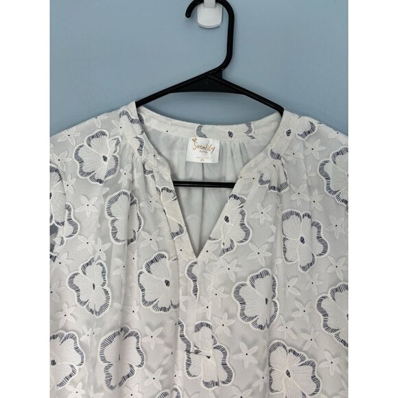 Siren Lily Floral Blouse Top Size Small Petite White Blue Cottage Flower - Picture 6 of 6